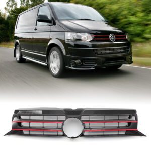 Gloss Black Badged Front Bumper Grille Red Trim For VW Transporter T5.1 09-15